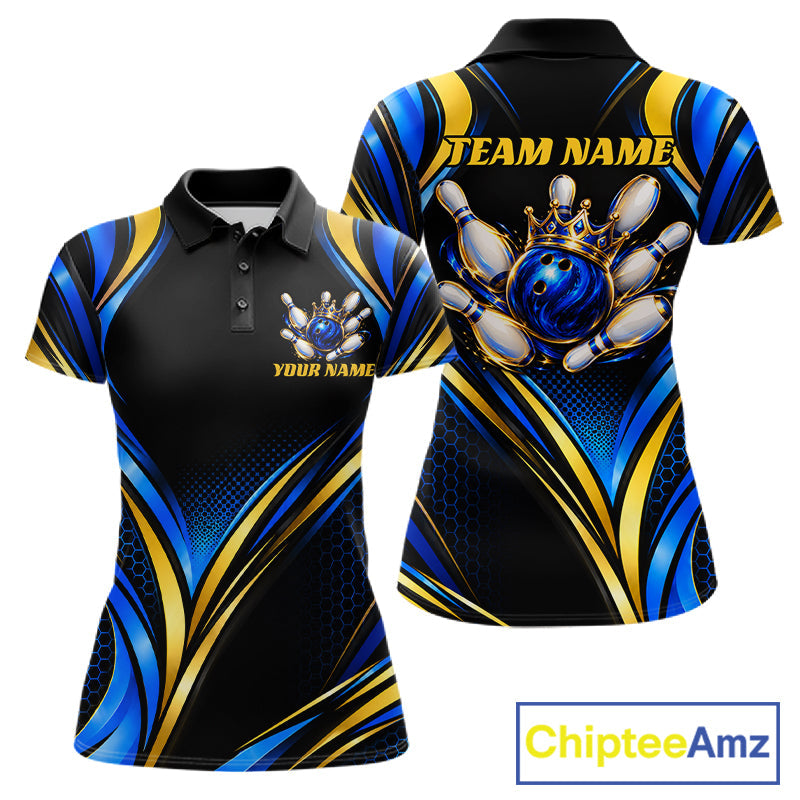 Black, Blue And Gold Custom Crown Bowling Shirts, Bowling Team Jersey Polo & 1/4 Zip
