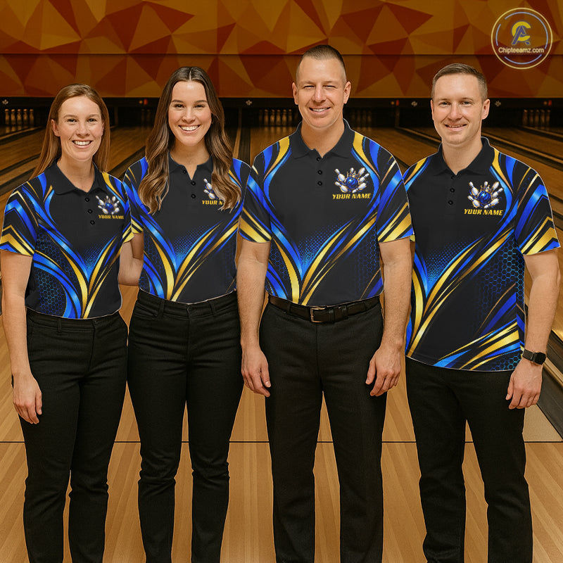 Black, Blue And Gold Custom Crown Bowling Shirts, Bowling Team Jersey Polo & 1/4 Zip