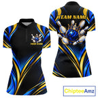 Black, Blue And Gold Custom Crown Bowling Shirts, Bowling Team Jersey Polo & 1/4 Zip
