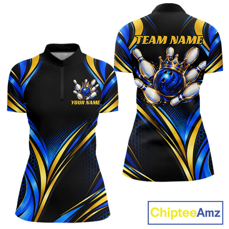 Black, Blue And Gold Custom Crown Bowling Shirts, Bowling Team Jersey Polo & 1/4 Zip