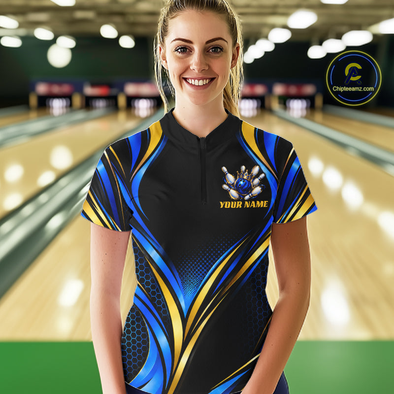 Black, Blue And Gold Custom Crown Bowling Shirts, Bowling Team Jersey Polo & 1/4 Zip