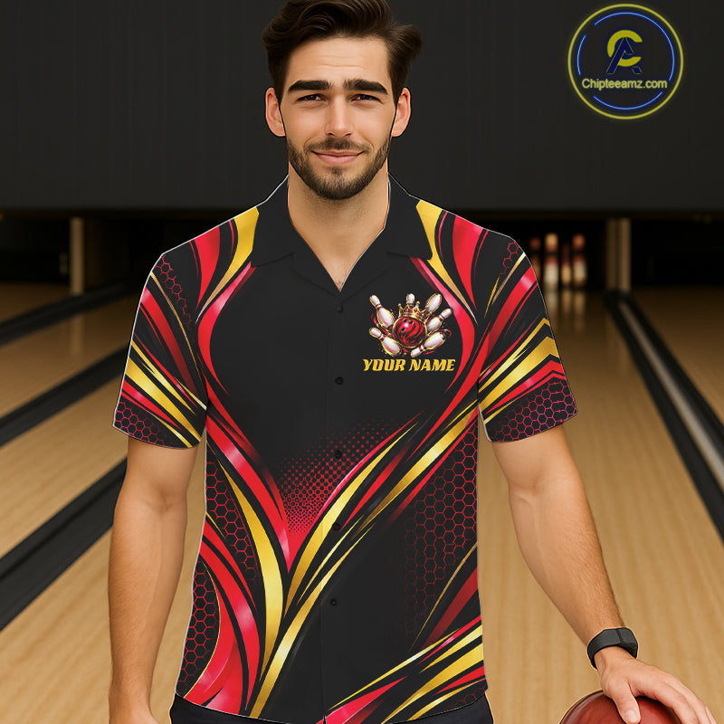 Black, Red And Gold Custom Crown Bowling Hawaiian Shirt, Bowling League Team Jersey