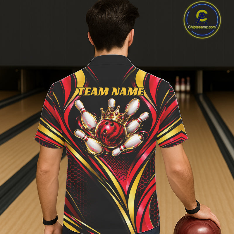 Black, Red And Gold Custom Crown Bowling Hawaiian Shirt, Bowling League Team Jersey