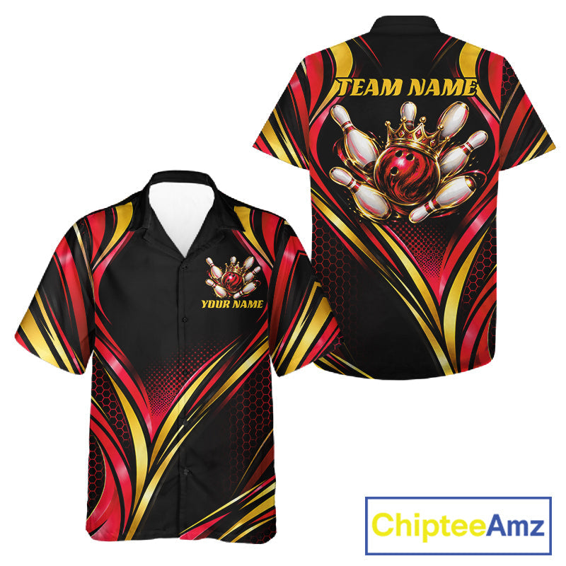 Black, Red And Gold Custom Crown Bowling Hawaiian Shirt, Bowling League Team Jersey
