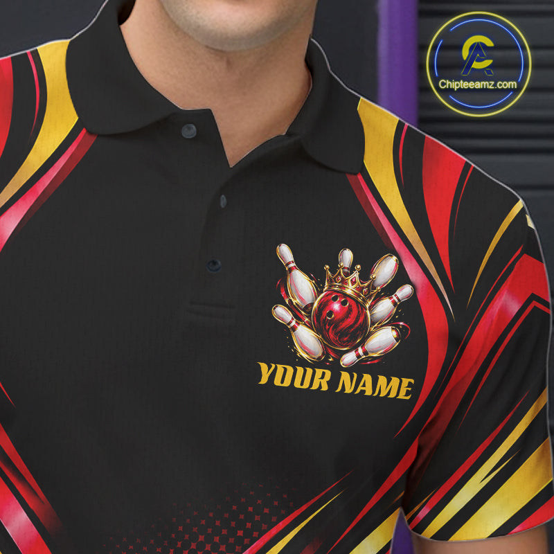 Black, Red And Gold Custom Crown Bowling Shirts, Bowling Team Jersey Polo & 1/4 Zip