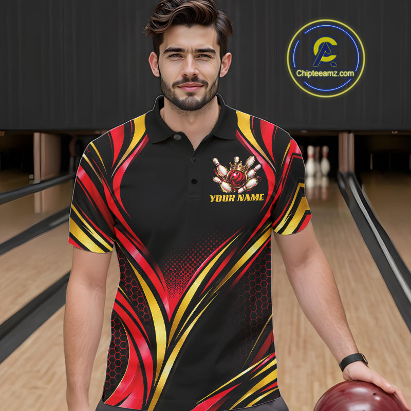 Black, Red And Gold Custom Crown Bowling Shirts, Bowling Team Jersey Polo & 1/4 Zip