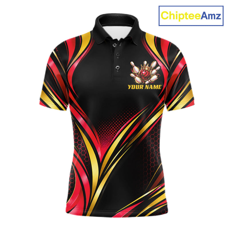 Black, Red And Gold Custom Crown Bowling Shirts, Bowling Team Jersey Polo & 1/4 Zip
