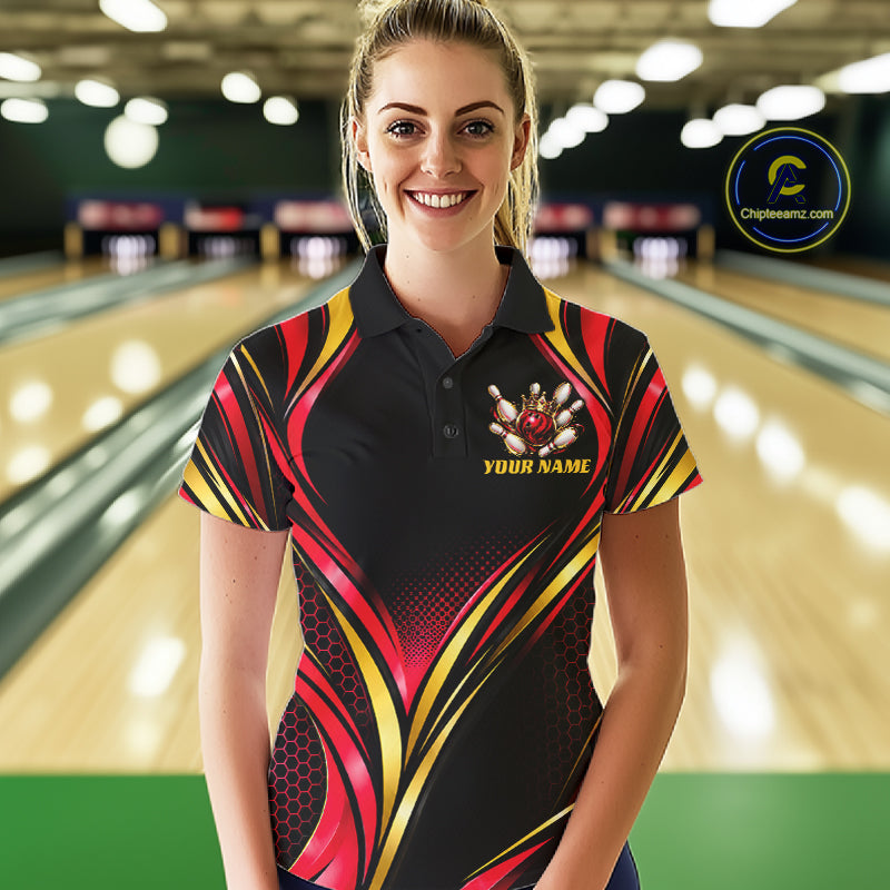 Black, Red And Gold Custom Crown Bowling Shirts, Bowling Team Jersey Polo & 1/4 Zip