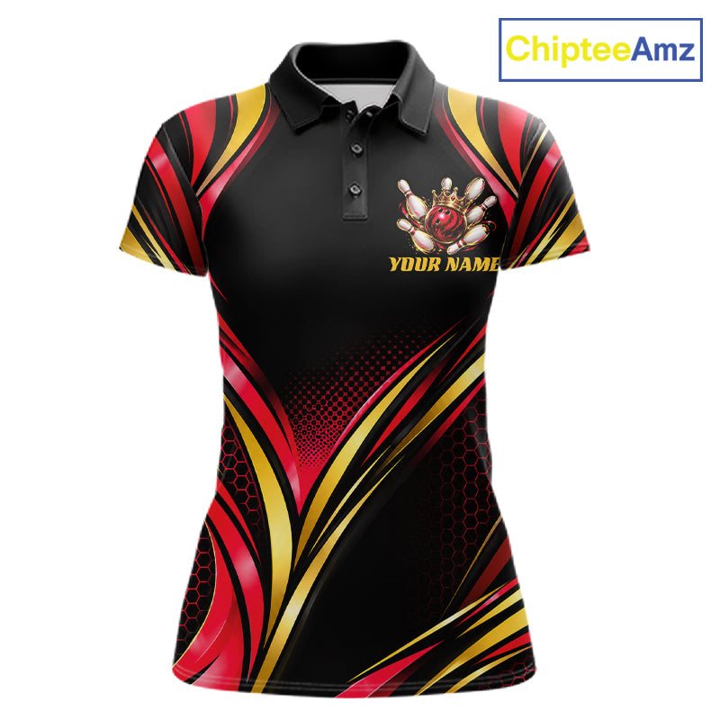 Black, Red And Gold Custom Crown Bowling Shirts, Bowling Team Jersey Polo & 1/4 Zip