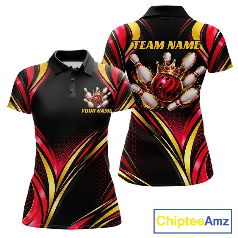 Black, Red And Gold Custom Crown Bowling Shirts, Bowling Team Jersey Polo & 1/4 Zip