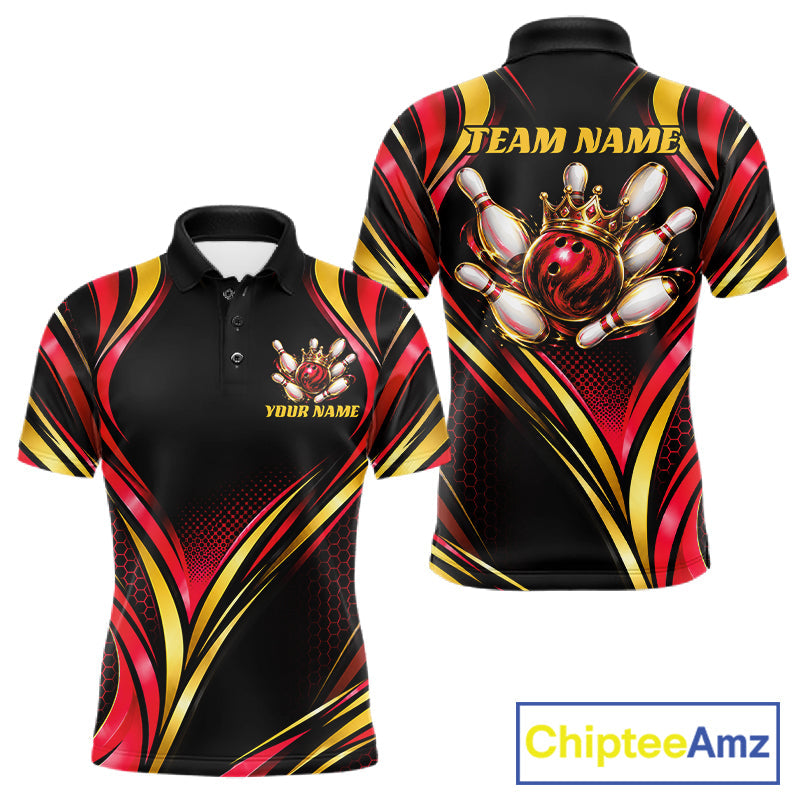Black, Red And Gold Custom Crown Bowling Shirts, Bowling Team Jersey Polo & 1/4 Zip