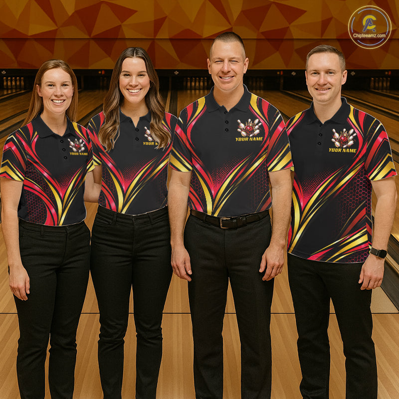 Black, Red And Gold Custom Crown Bowling Shirts, Bowling Team Jersey Polo & 1/4 Zip