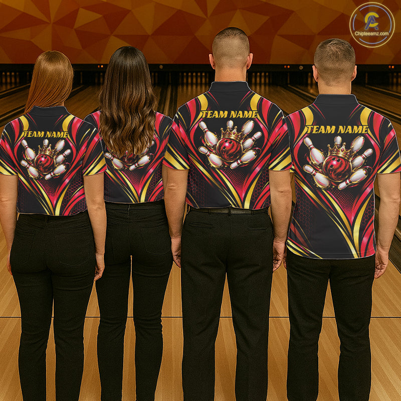 Black, Red And Gold Custom Crown Bowling Shirts, Bowling Team Jersey Polo & 1/4 Zip