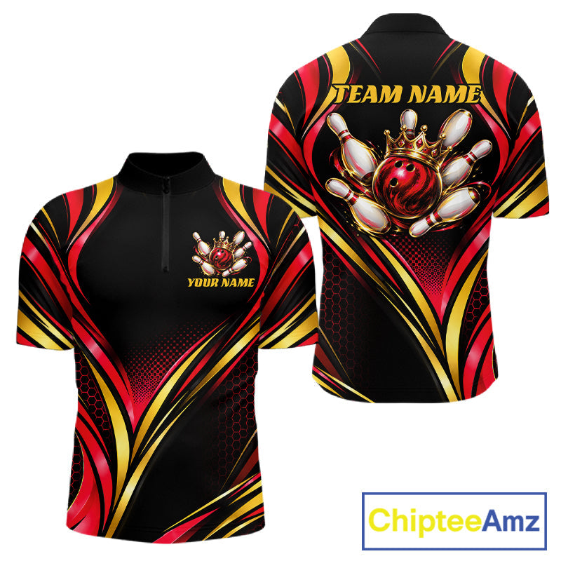 Black, Red And Gold Custom Crown Bowling Shirts, Bowling Team Jersey Polo & 1/4 Zip