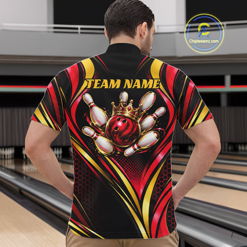 Black, Red And Gold Custom Crown Bowling Shirts, Bowling Team Jersey Polo & 1/4 Zip