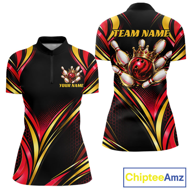 Black, Red And Gold Custom Crown Bowling Shirts, Bowling Team Jersey Polo & 1/4 Zip