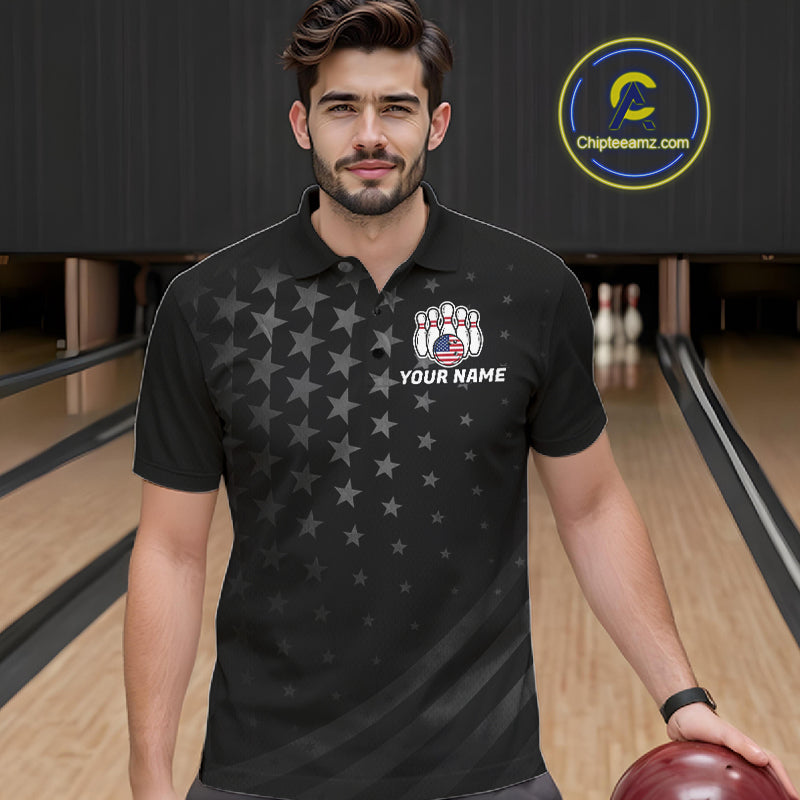 Personalized Black American Flag Bowling Jersey Custom Patriotic Bowling Team Shirts