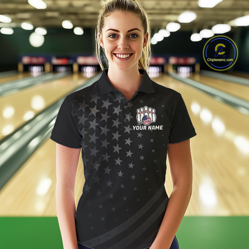 Personalized Black American Flag Bowling Jersey Custom Patriotic Bowling Team Shirts