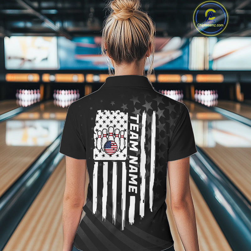 Personalized Black American Flag Bowling Jersey Custom Patriotic Bowling Team Shirts