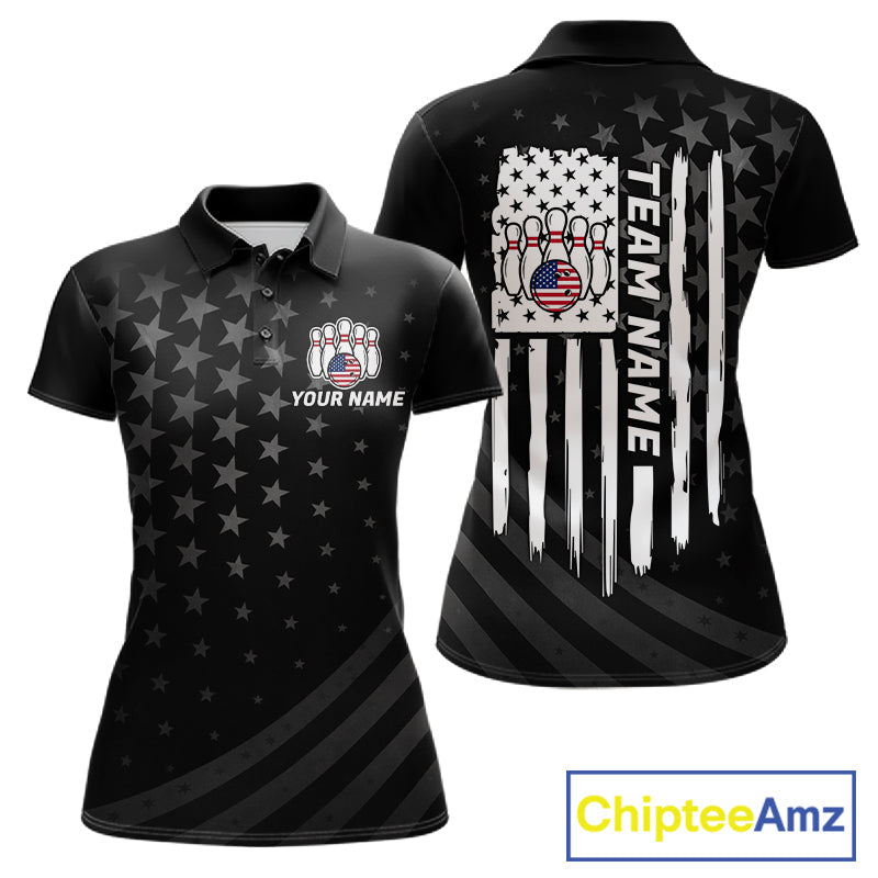 Personalized Black American Flag Bowling Jersey Custom Patriotic Bowling Team Shirts