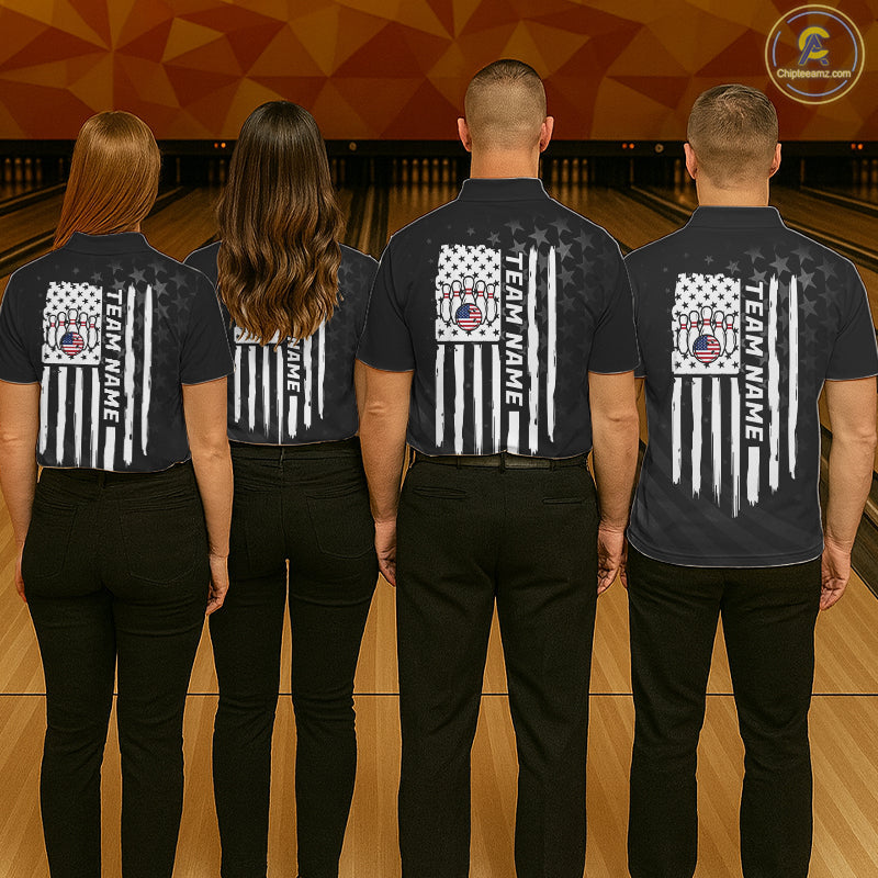 Personalized Black American Flag Bowling Jersey Custom Patriotic Bowling Team Shirts