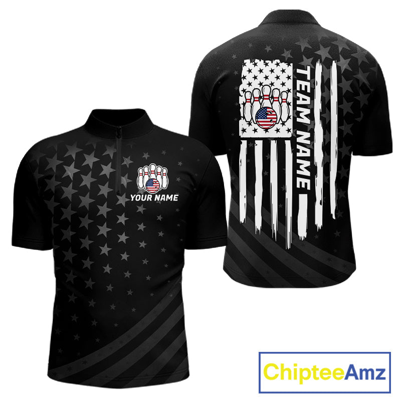 Personalized Black American Flag Bowling Jersey Custom Patriotic Bowling Team Shirts