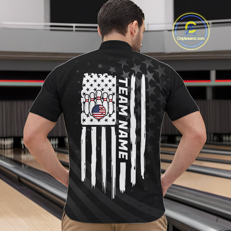 Personalized Black American Flag Bowling Jersey Custom Patriotic Bowling Team Shirts