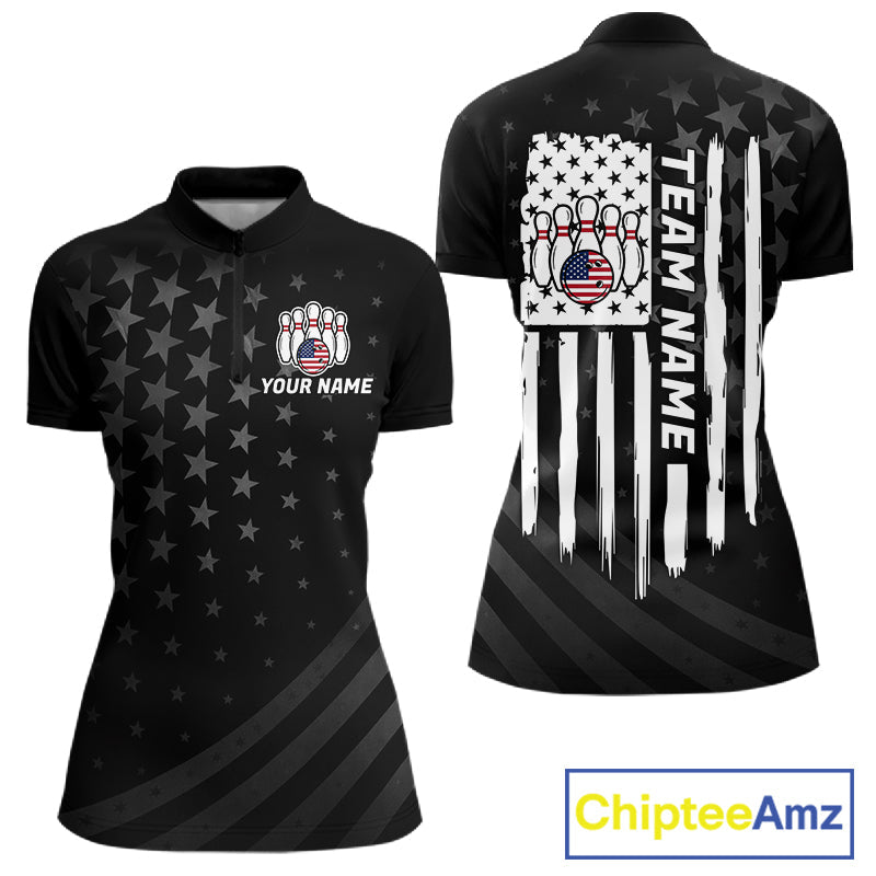 Personalized Black American Flag Bowling Jersey Custom Patriotic Bowling Team Shirts