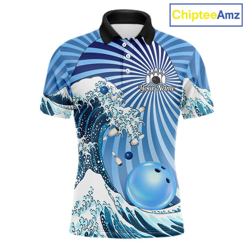 Custom Blue Funny Waves Ocean Bowling Shirt, Bowling Team Jersey Polo & 1/4 Zip