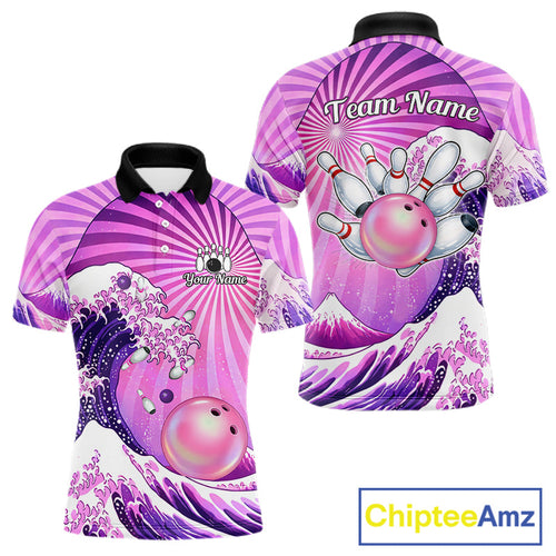 Pink And Purple Funny Waves Ocean Bowling Shirt Custom Bowling Jersey Polo & 1/4 Zip