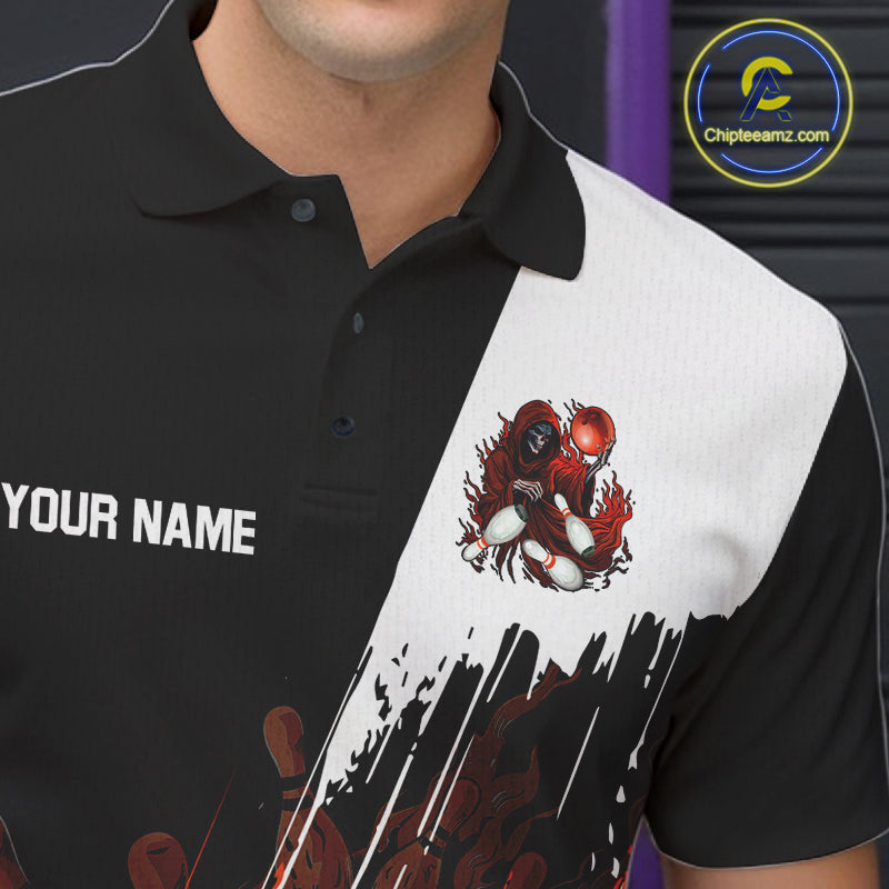 Black And Orange Lightning Grim Reaper Skull Bowling Shirts Custom Bowling Team Jersey