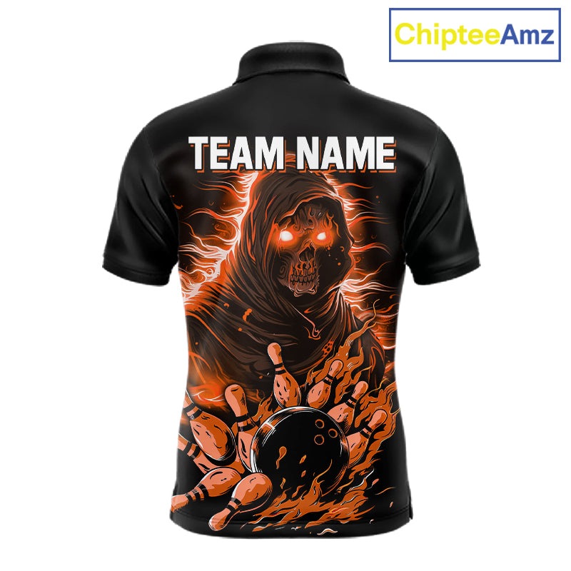Black And Orange Lightning Grim Reaper Skull Bowling Shirts Custom Bowling Team Jersey