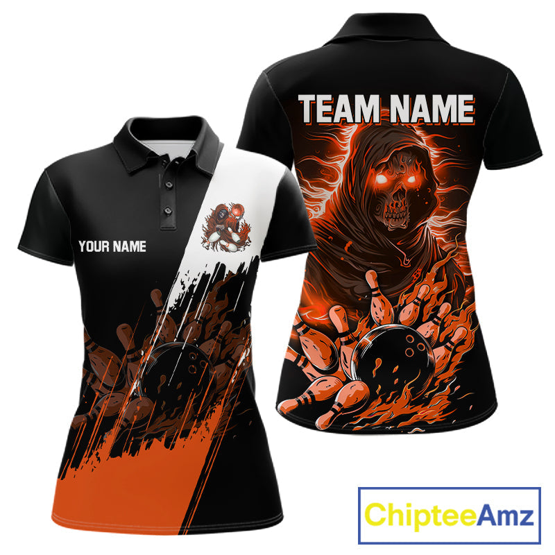 Black And Orange Lightning Grim Reaper Skull Bowling Shirts Custom Bowling Team Jersey