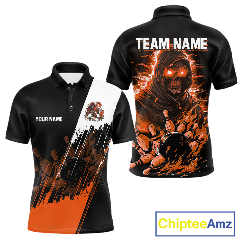 Black And Orange Lightning Grim Reaper Skull Bowling Shirts Custom Bowling Team Jersey