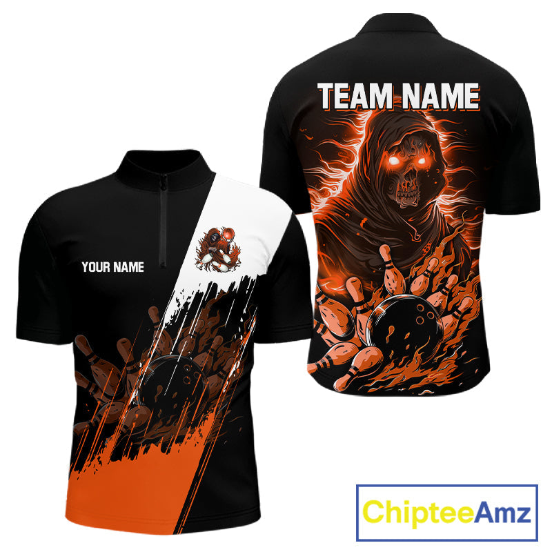 Black And Orange Lightning Grim Reaper Skull Bowling Shirts Custom Bowling Team Jersey
