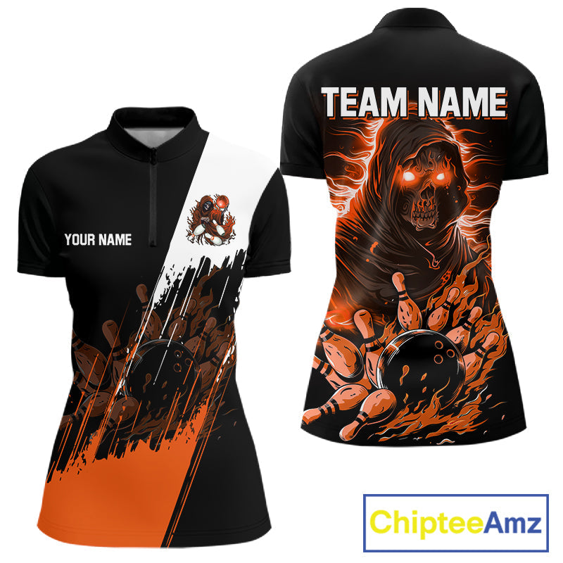 Black And Orange Lightning Grim Reaper Skull Bowling Shirts Custom Bowling Team Jersey