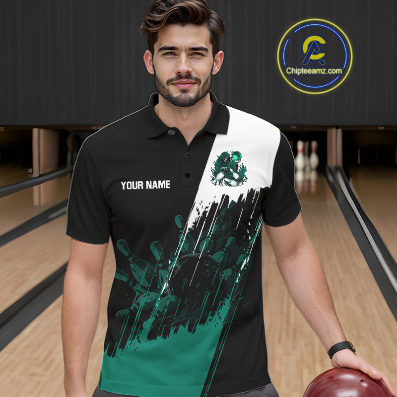 Black And Teal Lightning Grim Reaper Skull Bowling Shirts Custom Bowling Team Jersey