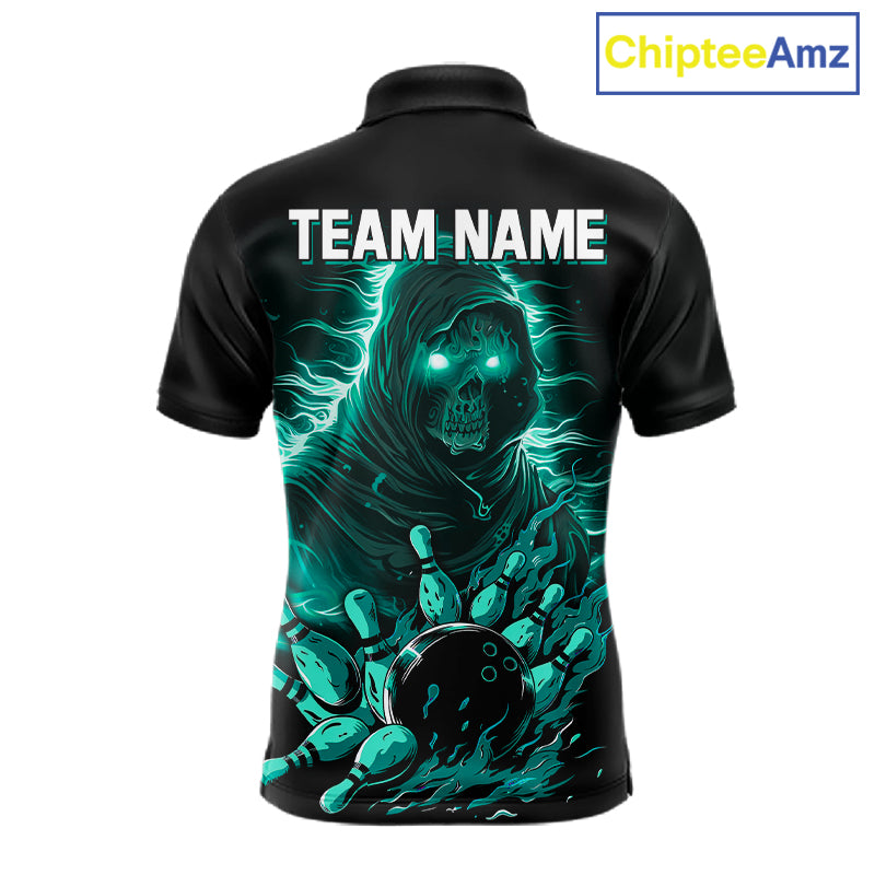 Black And Teal Lightning Grim Reaper Skull Bowling Shirts Custom Bowling Team Jersey