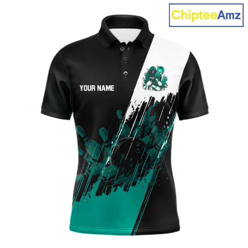 Black And Teal Lightning Grim Reaper Skull Bowling Shirts Custom Bowling Team Jersey