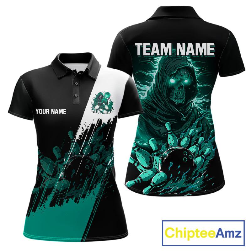 Black And Teal Lightning Grim Reaper Skull Bowling Shirts Custom Bowling Team Jersey
