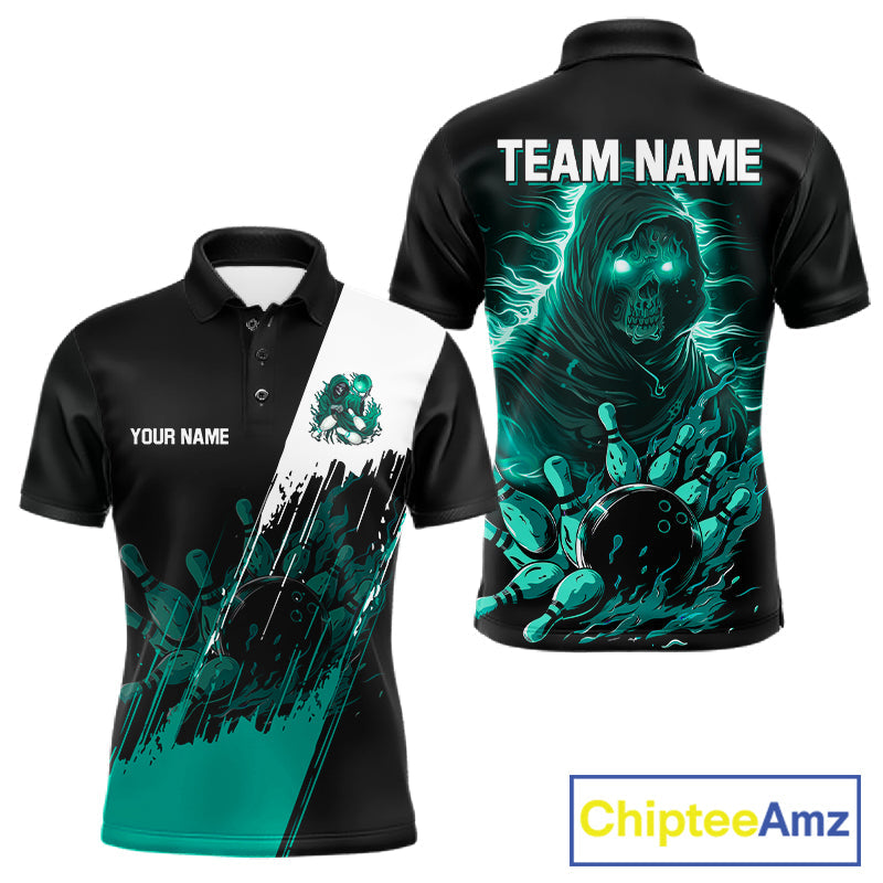 Black And Teal Lightning Grim Reaper Skull Bowling Shirts Custom Bowling Team Jersey