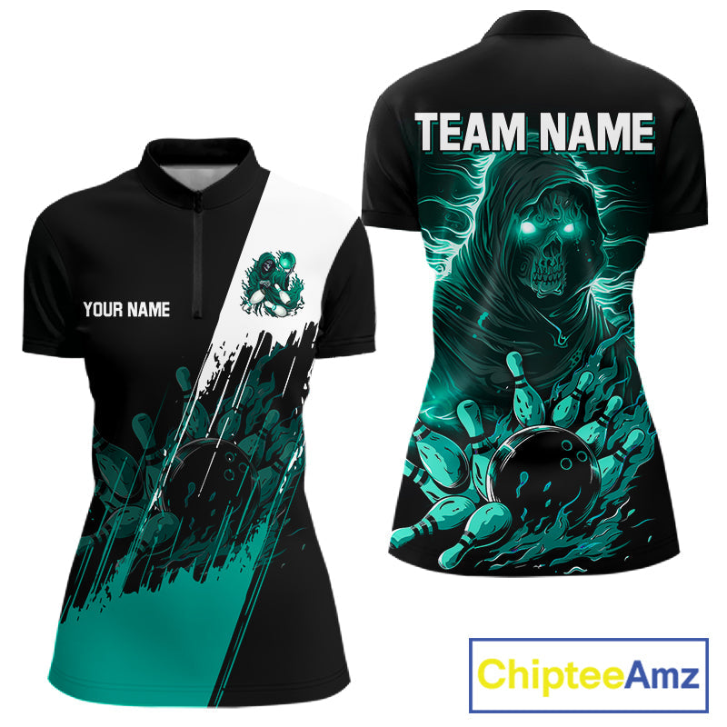Black And Teal Lightning Grim Reaper Skull Bowling Shirts Custom Bowling Team Jersey
