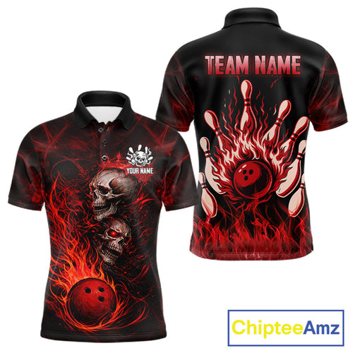Red Flaming Skull Bowling Shirts Custom Fire Bowling Team Jersey Polo & Quarter Zip