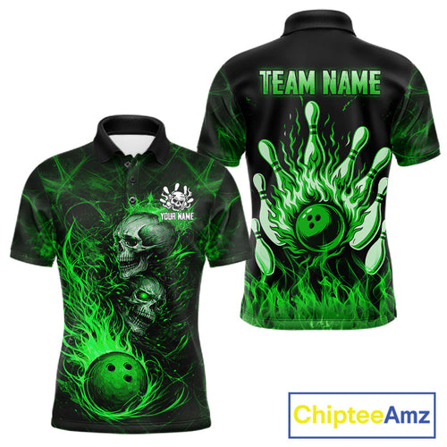 Green Flaming Skull Bowling Shirts Custom Fire Bowling Team Jersey Polo & Quarter Zip