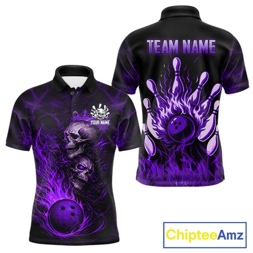 Purple Flaming Skull Bowling Shirts Custom Fire Bowling Team Jersey Polo & Quarter Zip