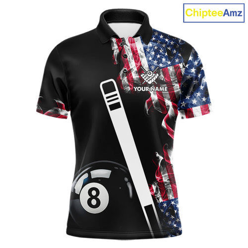 US Flag Smoke 8 Ball Billiard Shirt Custom Patriotic Pool Team Jersey Polo & 1/4 Zip