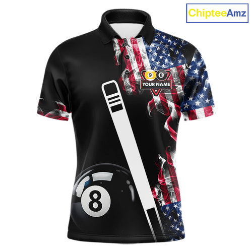 US Flag Smoke 8 Ball 9 Ball Billiard Shirt Custom Patriotic Pool Team Jersey Polo, 1/4 Zip