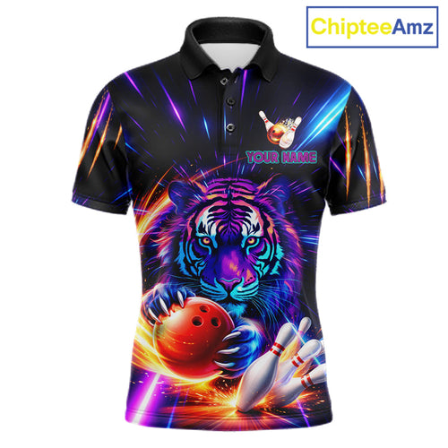 Custom Neon Blue And Purple Tiger Bowling Shirt, Bowling Team Jersey Polo & 1/4 Zip Shirt