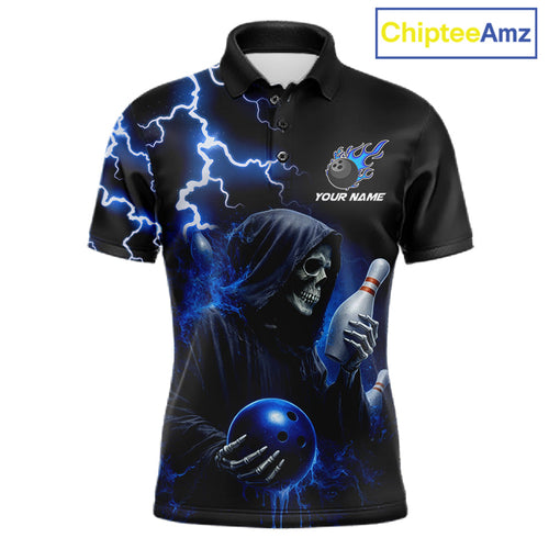 Blue Grim Reaper Bowling Shirt Custom Lightning Team League Bowling Jersey Polo & 1/4 Zip