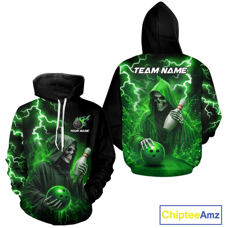 Green Grim Reaper Bowling Hoodie Shirt Custom Lightning Team Hoodie Bowling Jersey